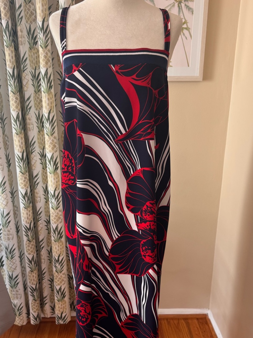 Floral Midi Dress Red White and Blue American Strappy Column Shape Size Medium